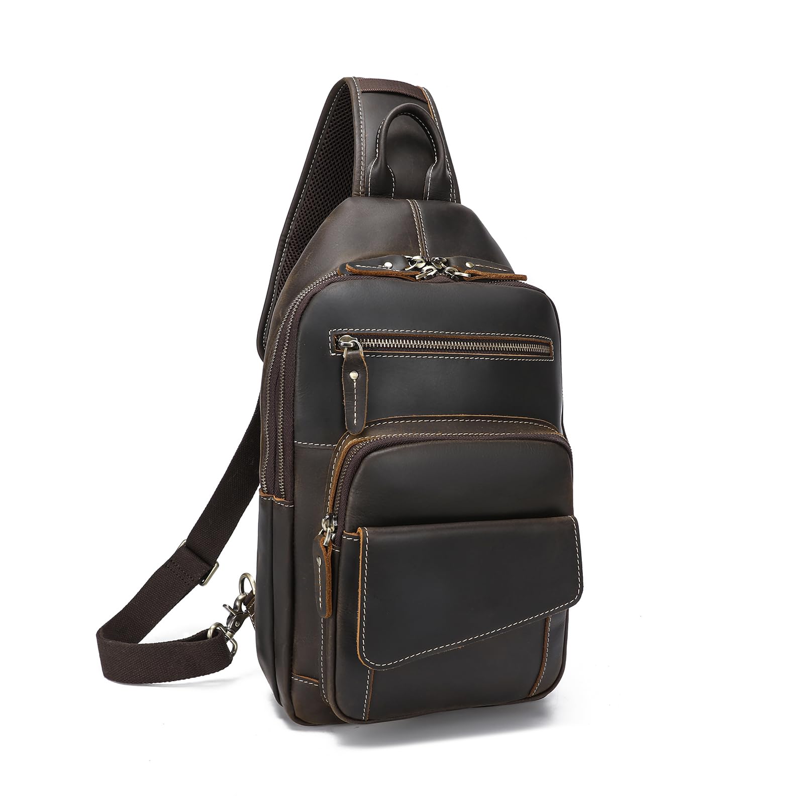 LANNSYNE Full Grain Leather Casual Sling Bag For Men Hiking/Travel/Business Crossbody Chest Bag Fits 12.9