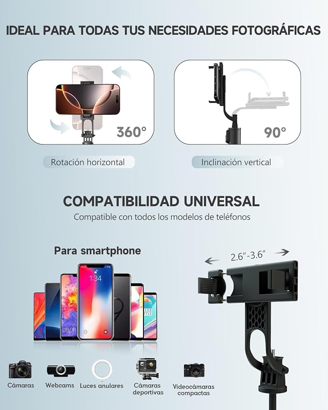180cm Tripode para Movil & Palo Selfie - Tripode Movil Extensible Portátil con Mando Inalámbrico, Compatible con iPhone/Samsung/GoPro/Cámaras