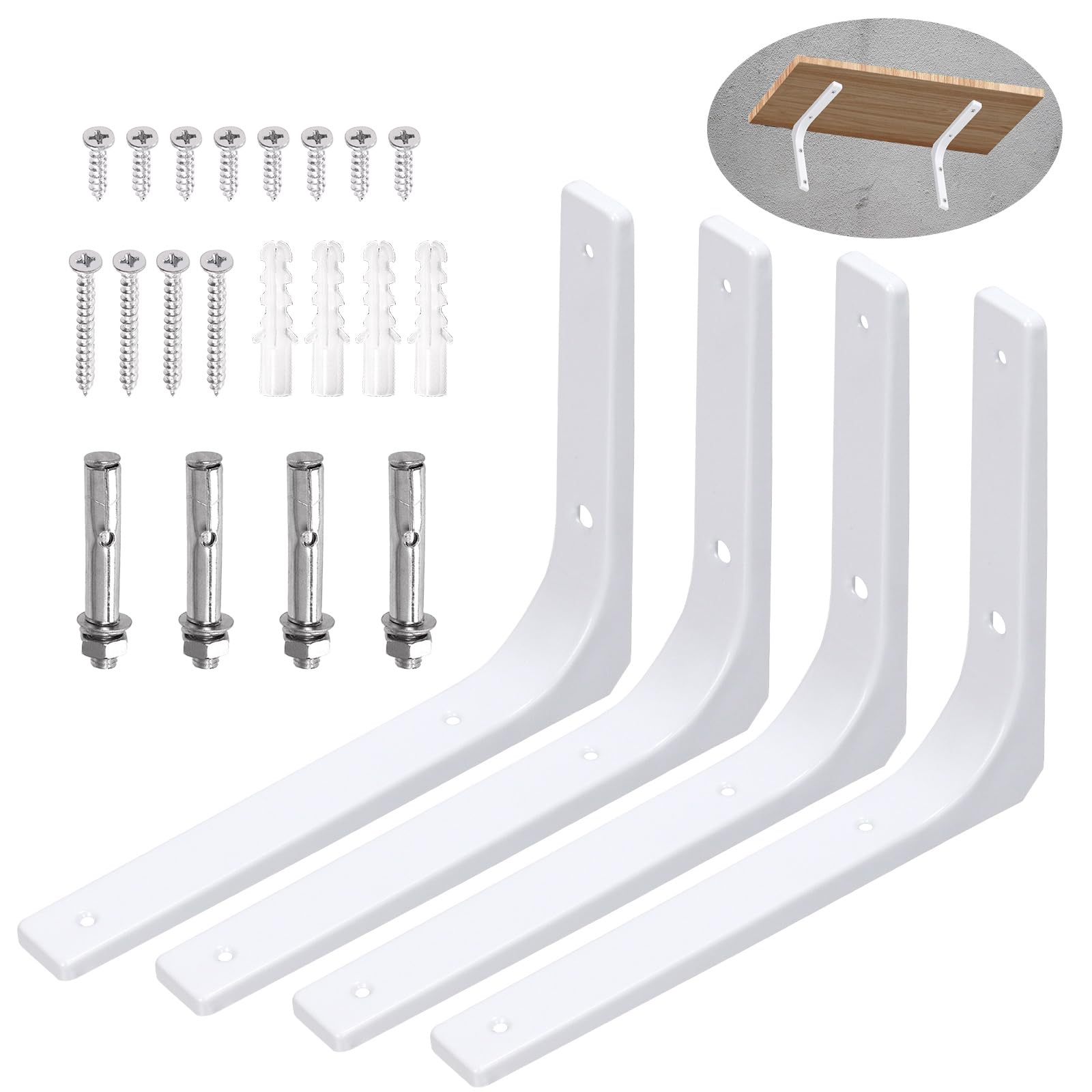 Swpeet 4 Pack 10"L x 8"H Metal Wall Shelf Bracket, Heavy Duty Floating Shelf Support Bracket, Decorative Joint Angle L Steel Bracket Kit Contains 20/40MM Screws, Anchors, Bolts for Home Decor, White