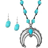 Rosemarie & Jubalee Women's Western Style Statement Squash Blossom Pendant With Turquoise Stone And Vegan Suede Necklace Earrings Set, 18"+3" Extender