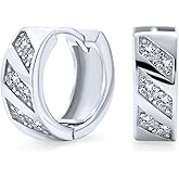 14K Gold Plated .925 Sterling Silver Two Tone Huggie Hoop Earrings With Greek Key Cutout and Cubic Zirconia CZ for Women and Men