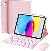 RAYMCRAFT for iPad 11th (A16, 2025) / 10th Generation Case with Keyboard, Mouse and Detachable Wireless Keyboard, 7-Color Backlight, Slim Case with Pencil Holder, Light Pink