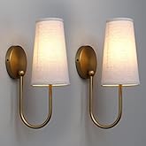 Yosoan Brass Linen Fabric Shade Wall Sconce Set of 2, Vanity Aged Vintage Industrial Hardwired Gold Boho Wall Mounted with Lo