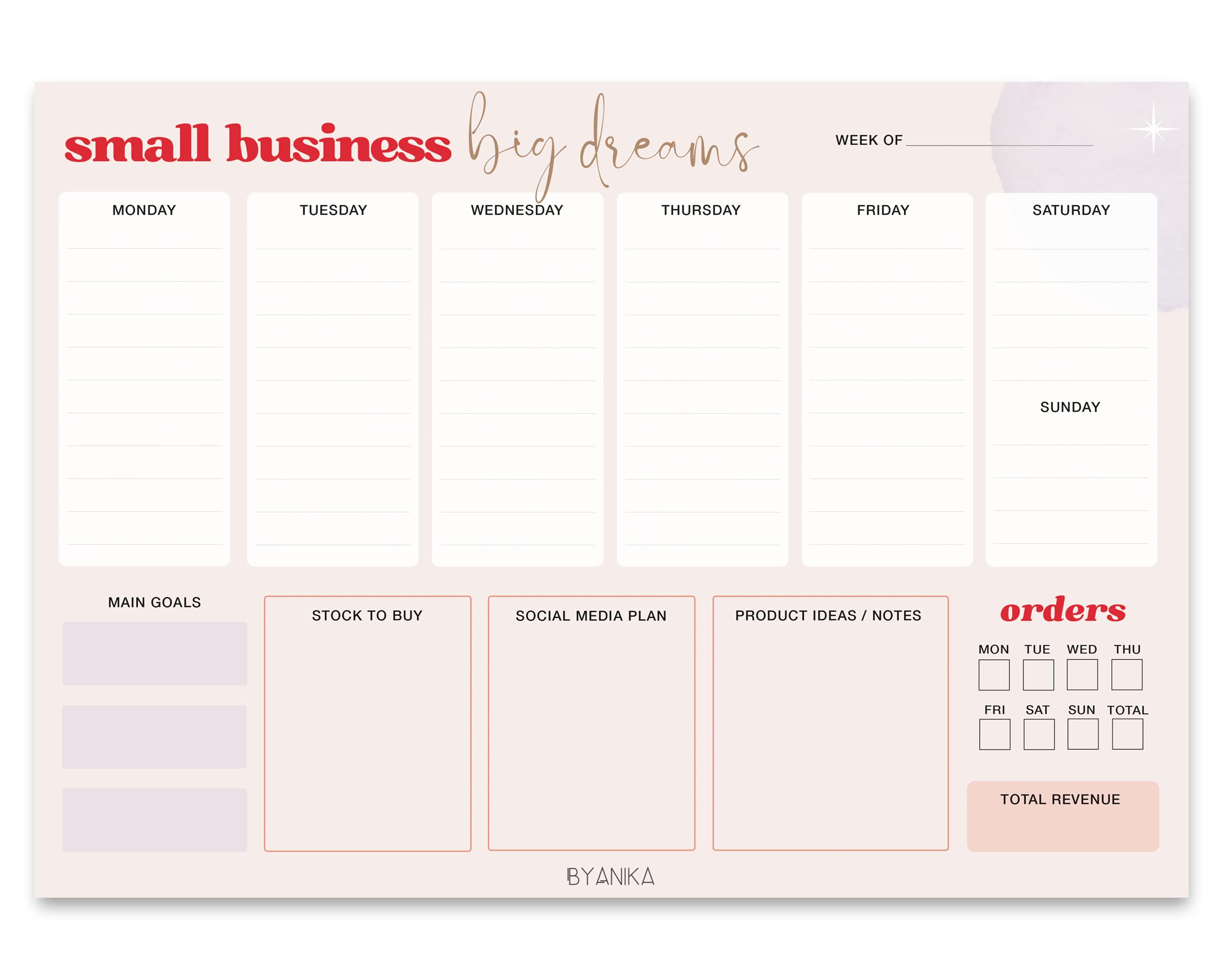 BYANIKA A4 Small Business Planner | 50 Tear-Off Sheets | Stay Organised at Work & Plan Your Week | Daily Productivity Desk Pad for Business Owner | Note Down Goals, Orders & Revenue | Greyboard Back