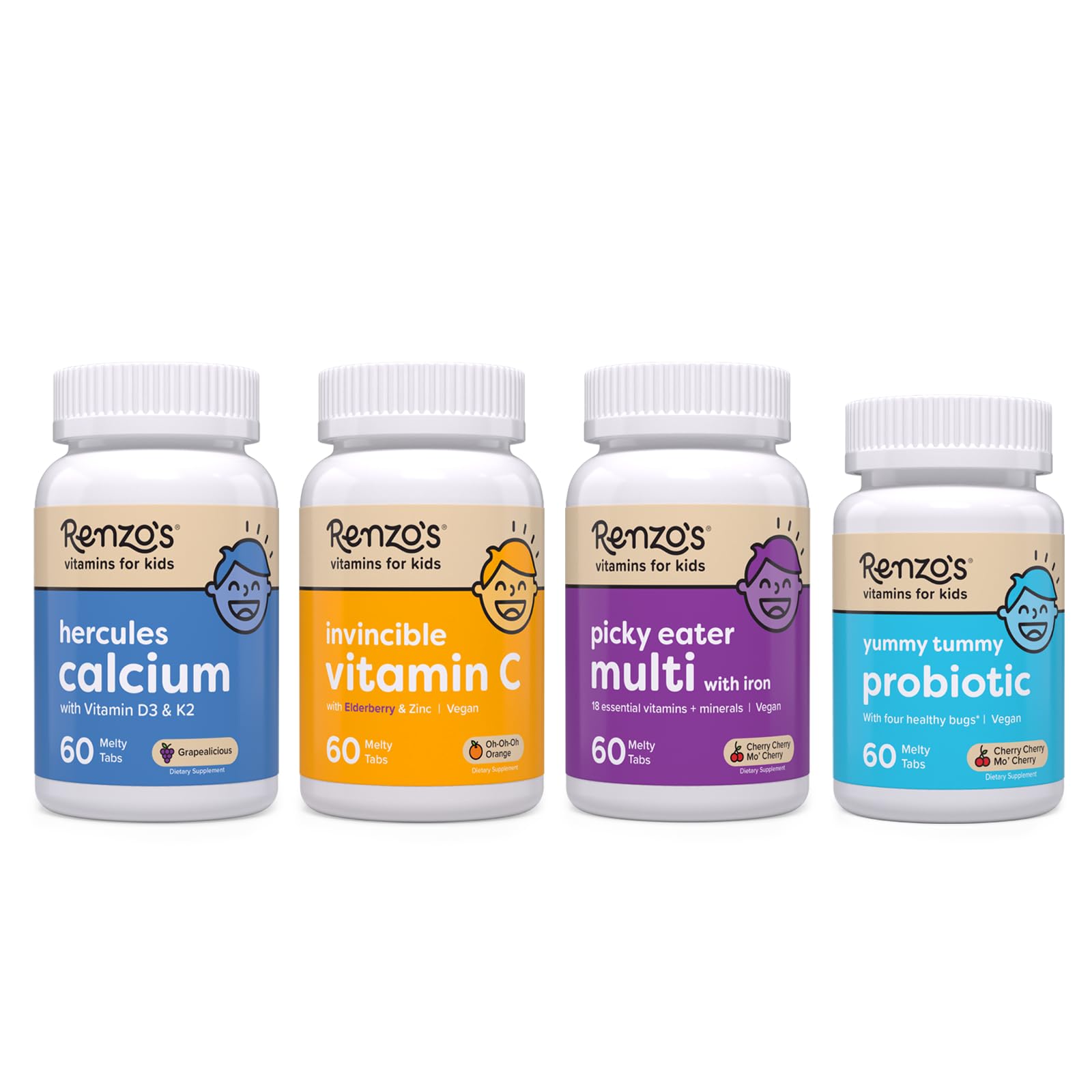 Renzo's Vitamins Kid Essential Bundle - Probiotic, Vitamin C with Elderberry & Zinc for Immune Support, Picky Eater Kids Multivitamin, and Hercules Calcium