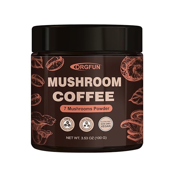 ORGFUN PREMIUM MUSHROOM COFFEE WITH 7 SUPERFOOD MUSHROOMS, GREAT TASTING ARABICA INSTANT COFFEE, INCLUDES CHAGA, LION’S MANE, REISHI, CORDYCEPS, MAITAKE, AND TURKEY TAIL, SHIITAKE 3.53 OZ