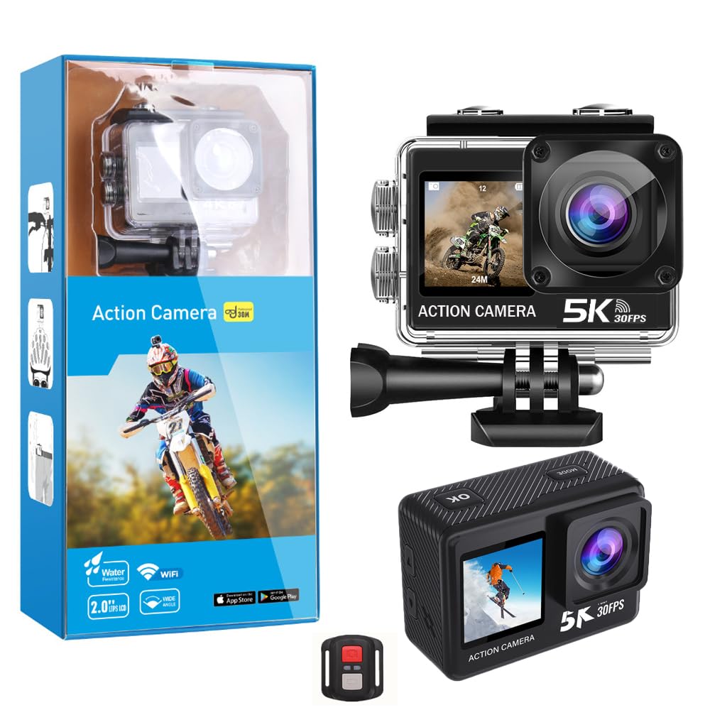 BSLVWG Action Camera, Native 5K 30FPS 20MP,30M Waterproof Underwater Camera,2”Big Touchscreen,EIS, External Mic,Vlog Camera,Remote Control and Helmet Accessories Kit