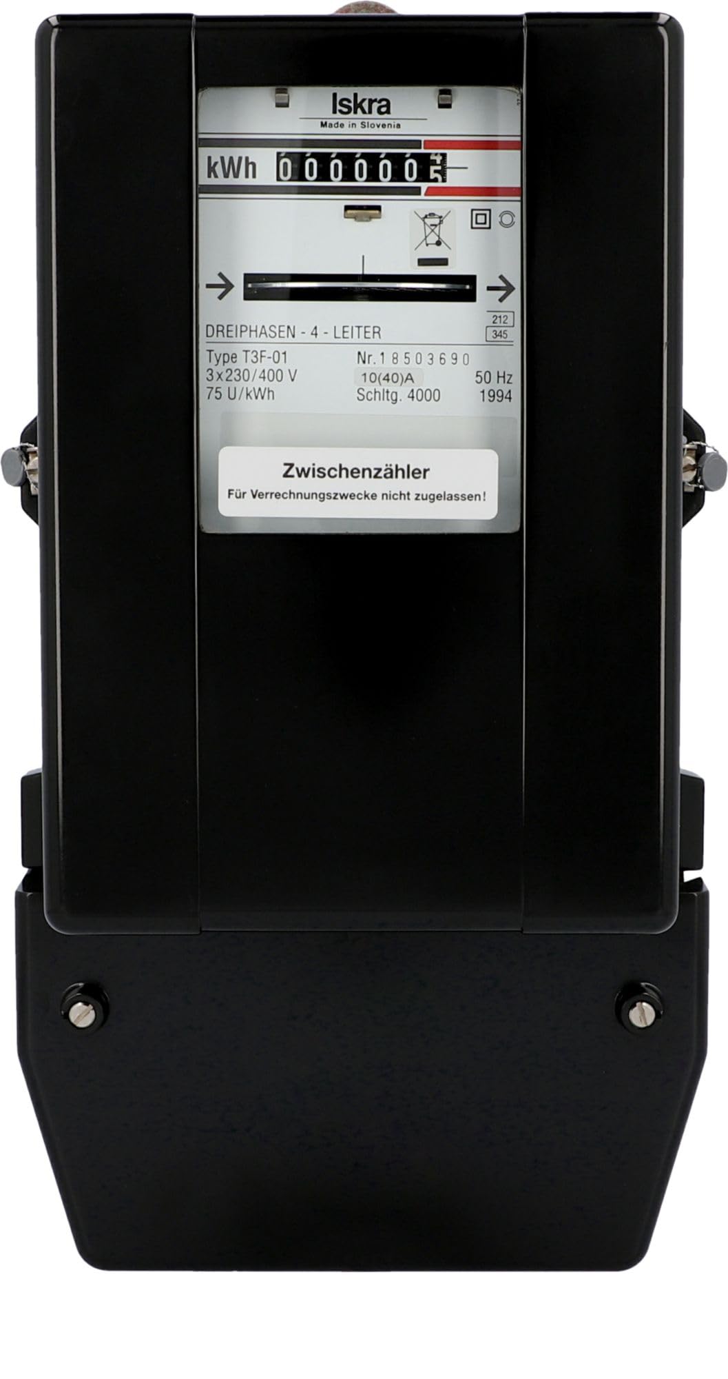 UNITEC Three-phase intermediate meter, refurbished, for internal consumption measurement, max. 40 A, analogue display, rated voltage 230-400 V, with lid and circuit diagram, compact 295 x 160 x 190 mm