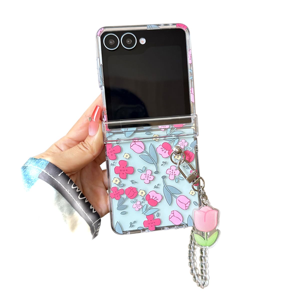 GO-VOLMON Girly Flower Case for Samsung Galaxy Z Flip 7 Cute Design with Strap, Clear Woman Cover Hinge Protection, Lovely Floral Case for Galaxy Z Flip 7 -Red Flower