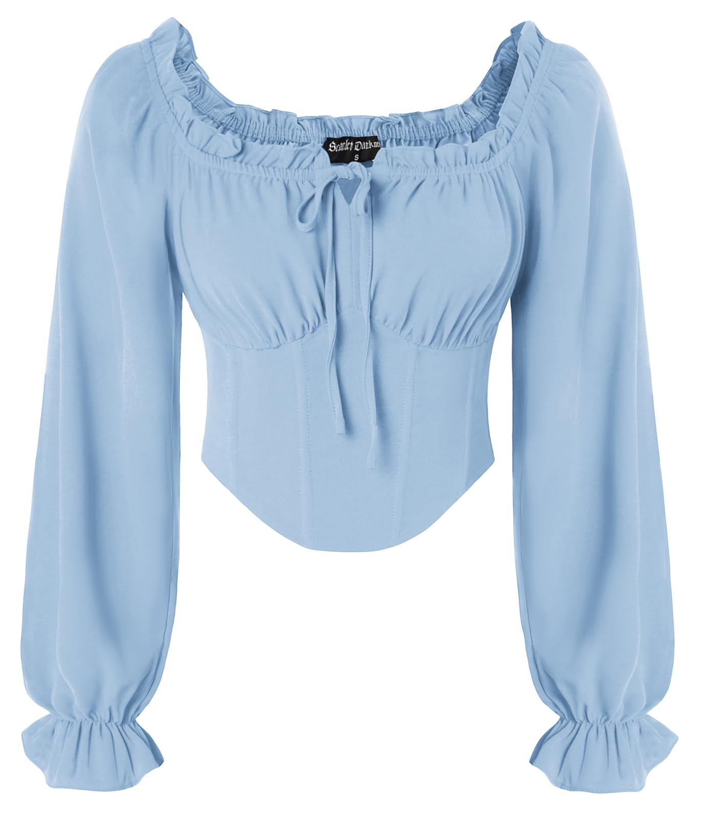 SCARLET DARKNESS Women Pirate Shirt Smocked Waist Crop Tops Long Lantern Sleeve Corset Vintage Victorian Blouse Light Blue M