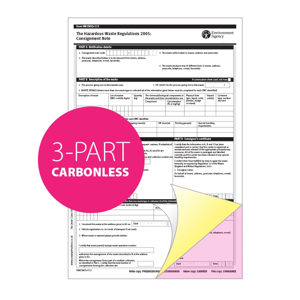 Ocean Pads Hazardous Waste Consignment Note Pad HWCN01v112, A4, 3-Parts Triplicate, Carbonless Paper, (Product Ref 70208) [Pack 1]
