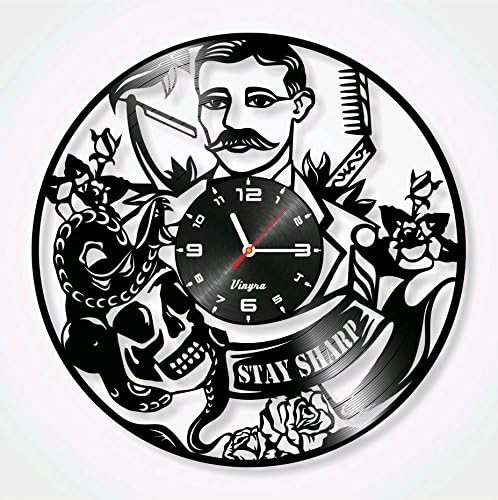 Retro Barber Shop Hipster Clock Vinyl Record Stay Sharp Haircutter Hair Salon Scissors Vinyl Clock Decor Art Vinyl Record Clock Decorations Decor Wall Decal Art Poster Equipment Black