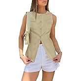 Cicy Bell Womens Round Neck Waistcoat Vest Summer Button up Vest Tops Casual Business Fitted Sleeveless Blazer