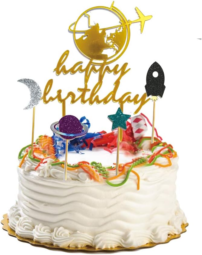 Acrylic Happy Birthday Cake Toppers Gold Glitter Solar System Cupcake Picks Set-Include Moon Star Airplane Rocket Planet for Mom, Dad, Husband, Wife - Birthday Gifts Ideal Party Favors, Decorations for Him or Her