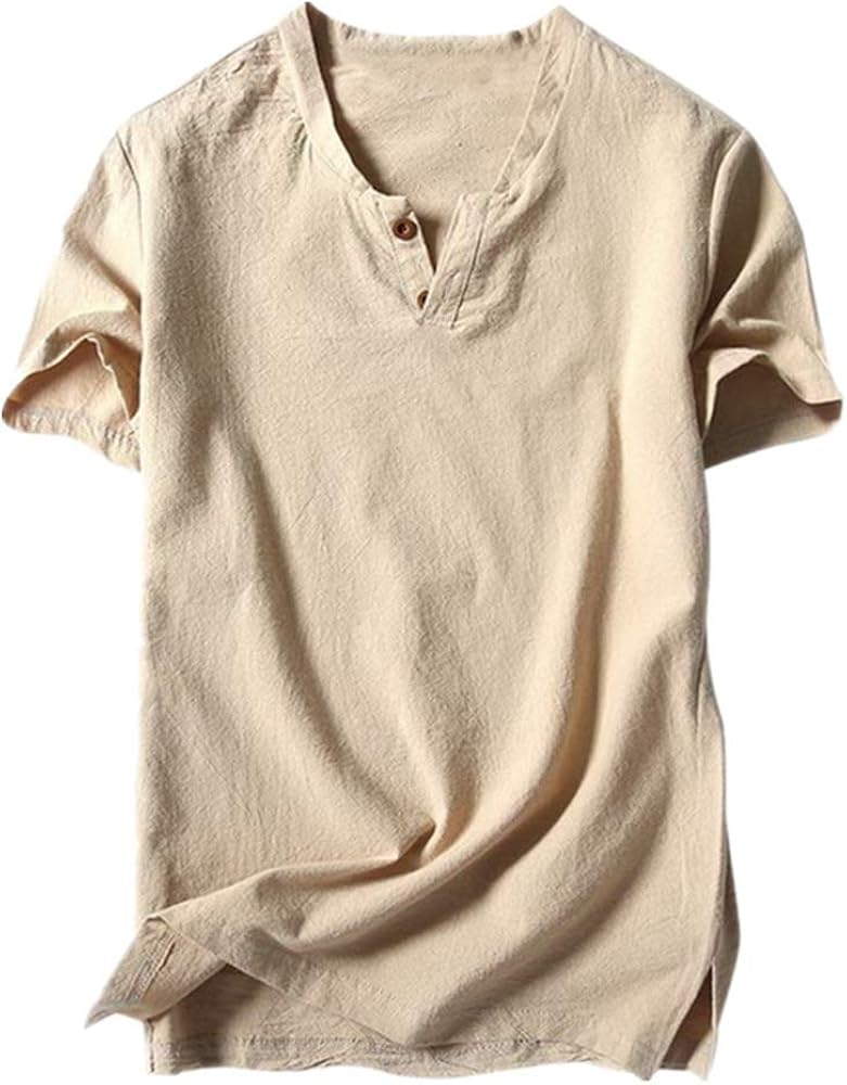 Amazon.com: Summer Mens Linen Shirt Cotton Linen Short Sleeve Casual Henley T-Shirt Tops Slim 