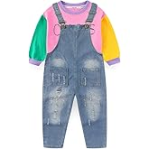 Peacolate 5-12 Years Girls' Denim Overall Set Long Sleeve T-Shirt & Jean Bib Overalls Stylish 2pcs Outfit for Kids Teens