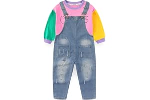 Peacolate 5-12 Years Girls' Denim Overall Set Long Sleeve T-Shirt & Jean Bib Overalls Stylish 2pcs Outfit for Kids Teens