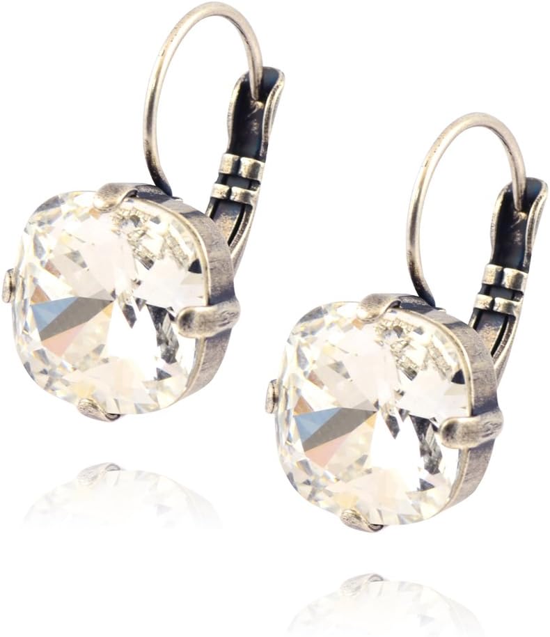 Nara Square Cushion Crystal Drop Earrings, Silver Plated French Leverback with Clear Crystal