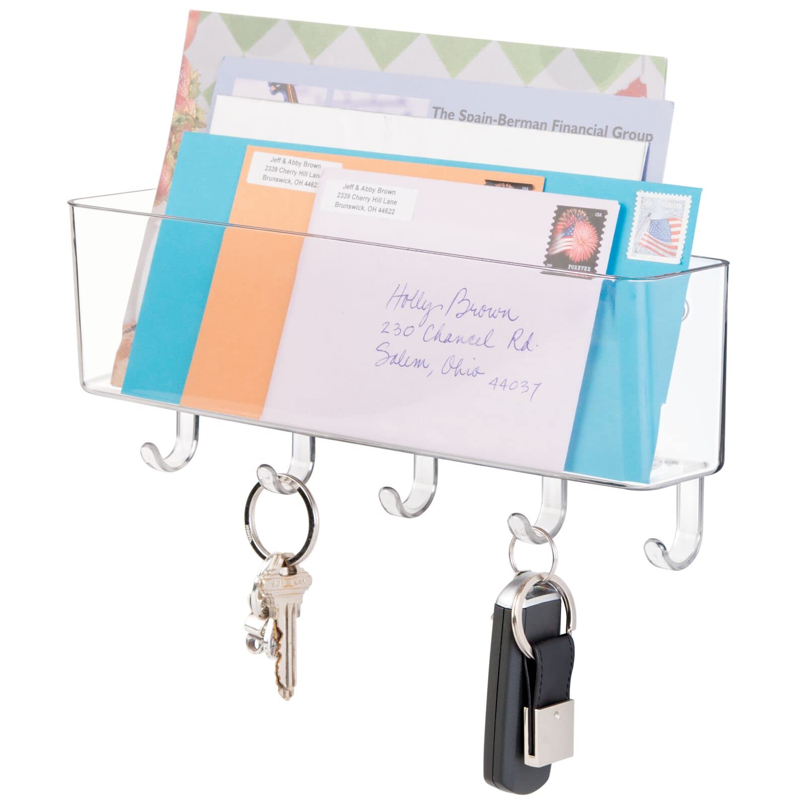 mDesign Modern Transparent Plastic Mail Rack with Key Hooks - Organizer for Mail, Letters, Keys, and Accessories - 27.3 cm x 6.1 cm x 11.2 cm