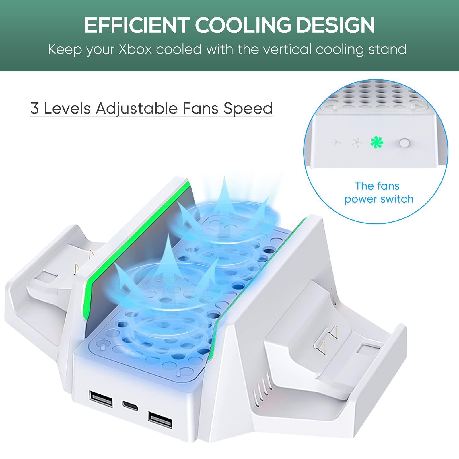 Upgraded Cooling Stand for Xbox Series S with Dual Cooling Fan 3 Level Adjustable Speed, Dual Controller Charger with LED Indicator USB Port -800mAh Rechargeable Battery Pack for XSX|S/One S/One X/One