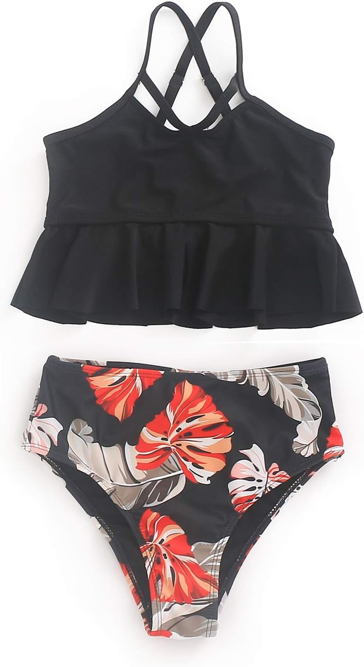 XUNYU Girls Swimsuit Falbala High Waisted Bathing Suit Halter Neck Swimwear, Tankini Bikini Black,7-8Years Girl