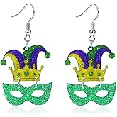 BOOZIQ MardiGras Earrings for Women Acrylic Fleur De Lis Mask Crown Hat Dangle Earring Carnival Theme Party Colorful Tassel Earring MardiGras Jewelry Accessories