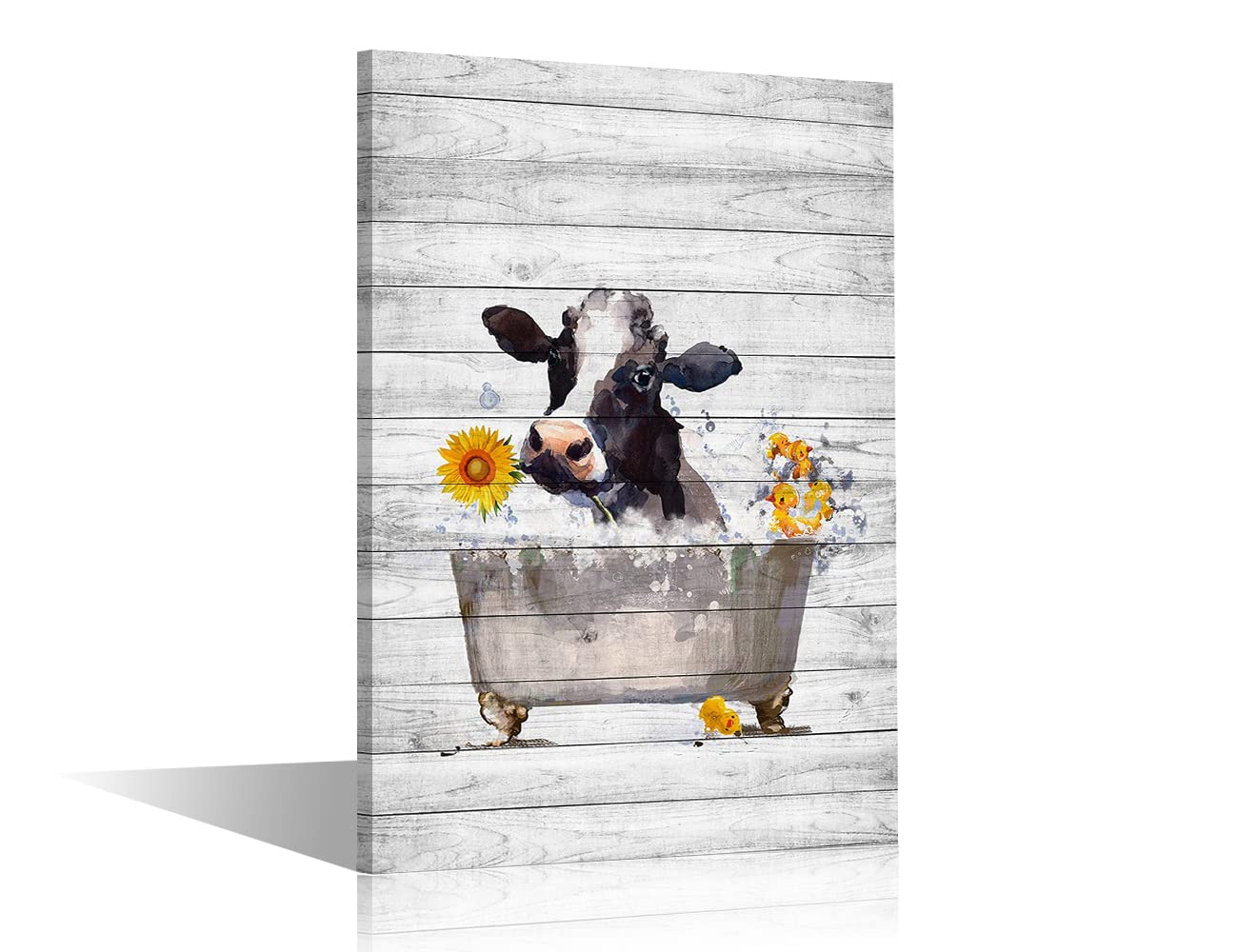 Farm Animal Wall Art Funny Cow Take Shower in Bathtub on Wood Board Canvas Abstract Painting Modern Artwork Framed Ready to Hang for Bathroom Home Living Room Decor 8x12inch (20x30cm) — image 1