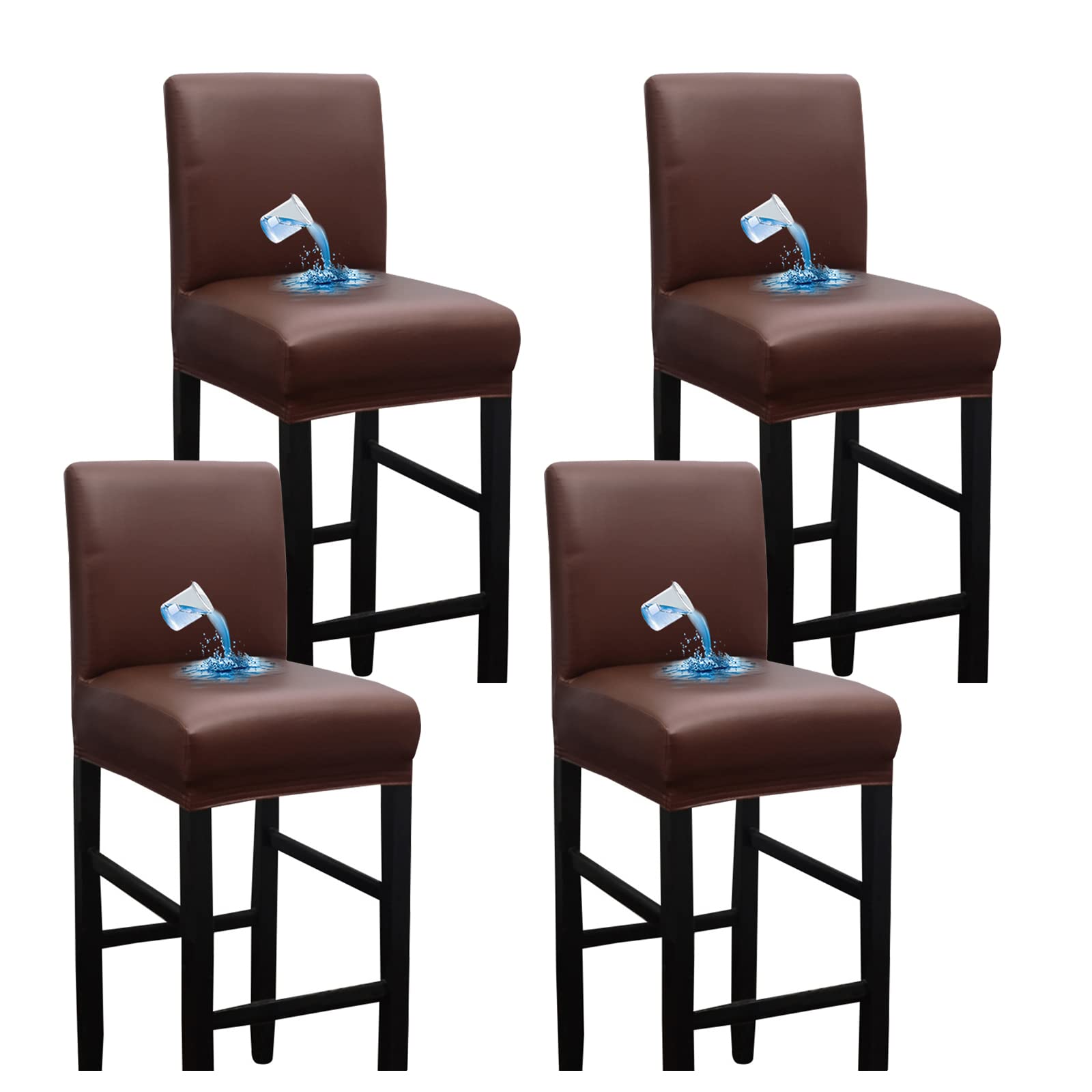 Bestenrose Waterproof Bar Stool Chair Covers Set of 4 PU Leather Dining Chair Cover for Home Kitchen Removable Chair Seat Cover Slipcover with Backs Protector Chair Cover (4, Brown)