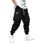 OYOANGLE Men's Casual Drawstring Elastic Waist Flap Pocket Letter Graphic Street Jogger Cargo Pants