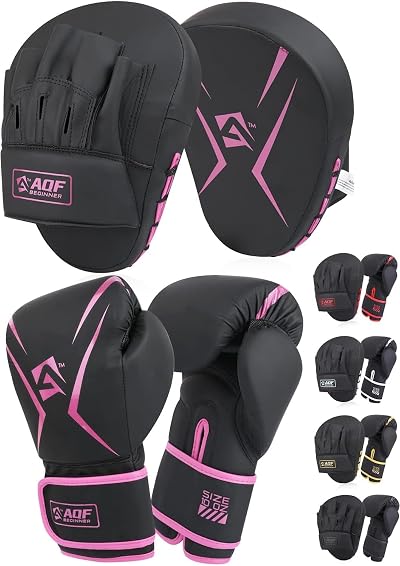 AQF Boxing Gloves and Pads Set Pink 8oz Kids Adults Curved Focus Pads