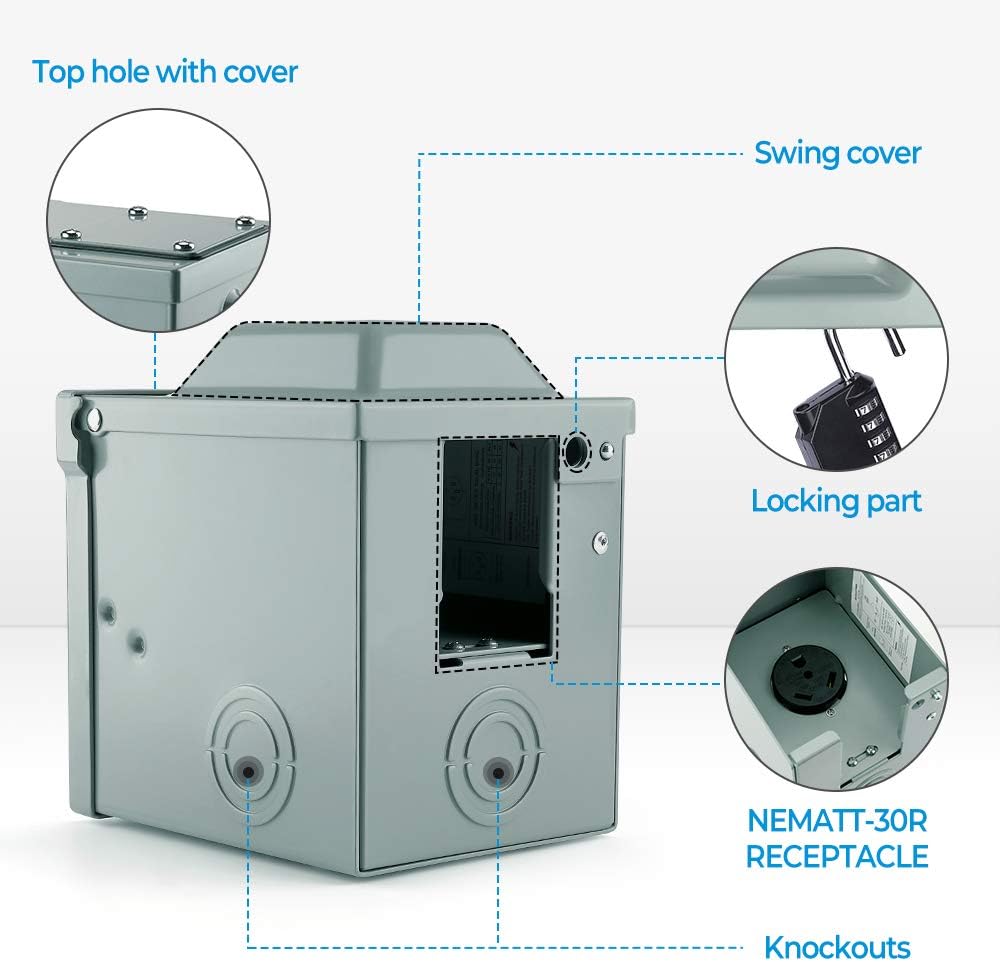 BougeRV 30 Amp 125Volt RV Power Outlet Box,Enclosed Lockable Weatherproof Outdoor Electrical NEMA TT-30 R Receptacle,ETL Listed,for RV Camper Travel Trailer Motorhome Electric Car Generator: Automotive