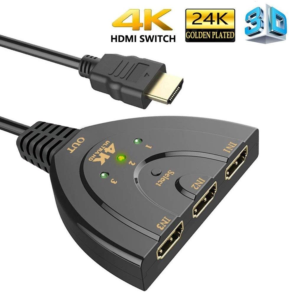 HDMI Switch, 3 Port 4K HDMI Switch 3x1 Switch Splitter with Pigtail Cable Supports Full HD 4K 1080P 3D Player