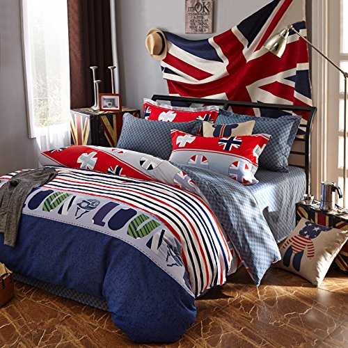 Ttmall Twin Full Size 100% Cotton Red White Blue Grey Green Love Striped the Union Jack Bedding Sets Comforter Sets (Twin, 5pcs with Comforter)
