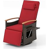 RELAX4LIFE Swivel Outdoor Recliner Chair - Wicker Rattan Chaise Lounge w/Adjustable Back & Footrest, Acacia Wood Armrests, Fl