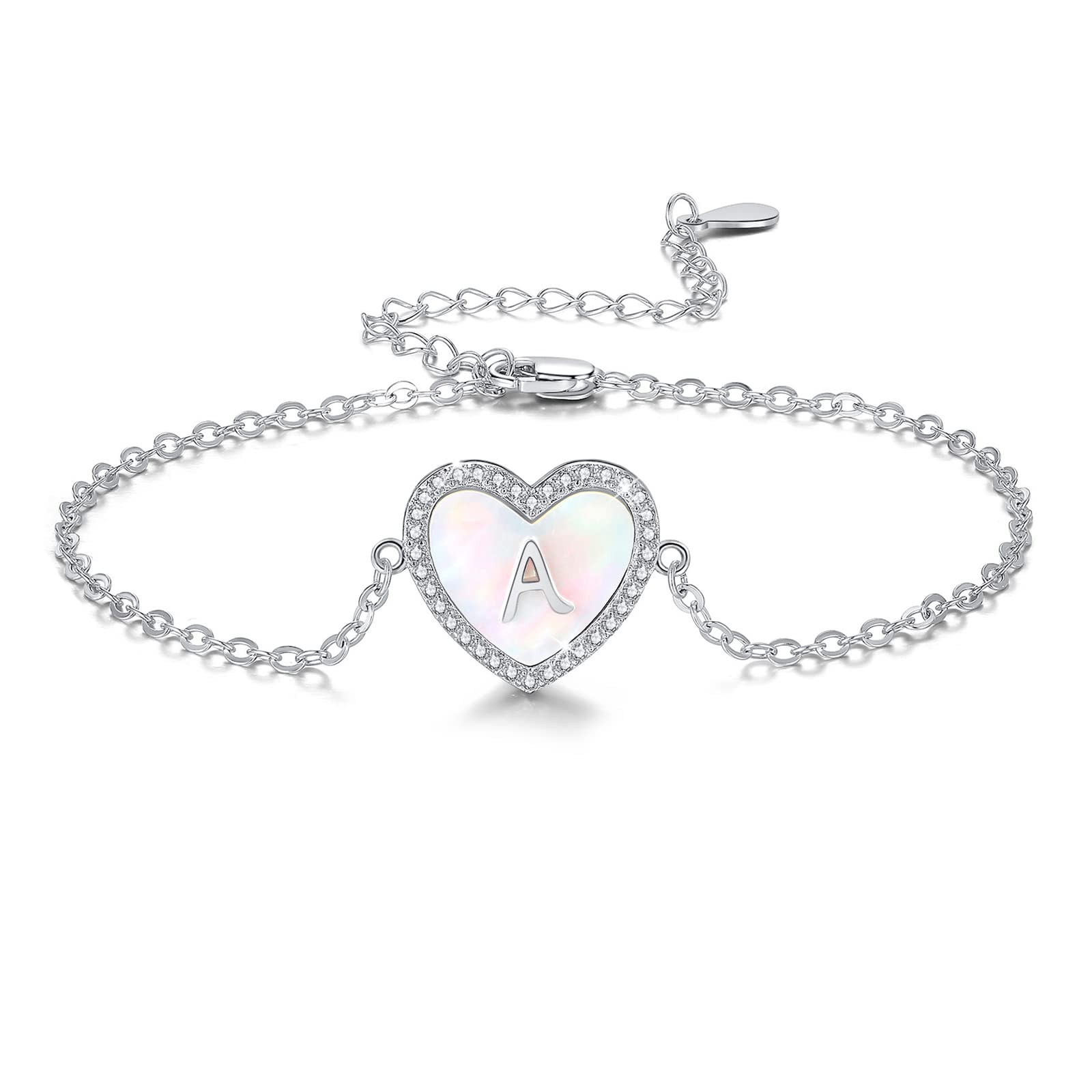 REDSUN Letter A Bracelet 925 Sterling Silver Heart Bracelet Letter Bracelets Cubic Zirconia Adjustable Bracelet Jewellery for Women Girl Ladies