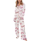 Fiacafyo Women's Silk Satin Bow Pajamas Long Sleeve Button Up Shirt Lounge Pants 2 Piece Cute Pjs Sleepwear Loungewear
