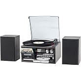 10-in-1 Vintage Record Player with Bluetooth Input &amp; Output, Classic Sound for Modern Homes, 3-Speed Turntable, CD/Cassette, USB/SD/MMC, AM/FM Radio, Dual External Stereo Speakers &amp; Remote