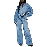 VOIKERDR Denim Set for Women 2 Piece Outfits Long Sleeve Top and Wide Leg Jean Y2K Clothes Streetwear