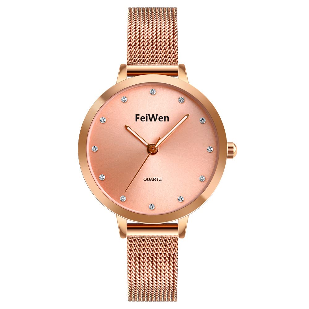 FeiWen Women's Fashion Quartz Watch Stainless Steel Case Analog Dial Casual Business Dress Wrist Watch for Women Crystal Scale, Gold