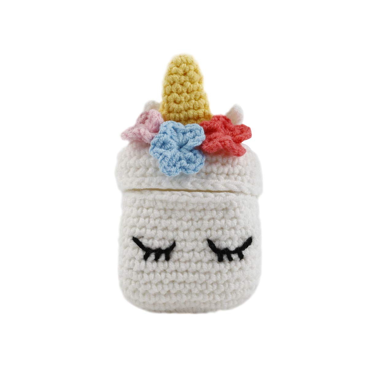 Wondee Global Services Case for Airpods 1 and 2 with Silicone Inside and Crochet Outside in the Shape of a Unicorn, White