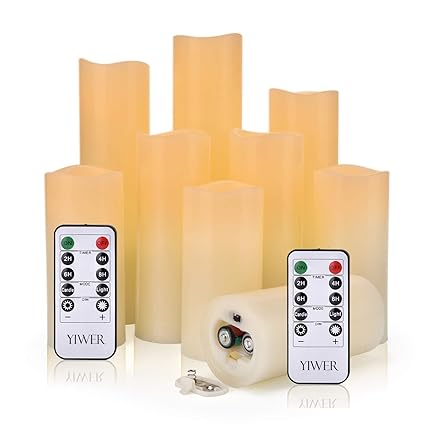 YIWER LED Kerzen Set von 9 Flammenlose Kerzen Batteriebetriebene Kerzen D2.2xH 4 '5' 6 '7' 8 '9' Echtwachssäule Kerzen Flacke