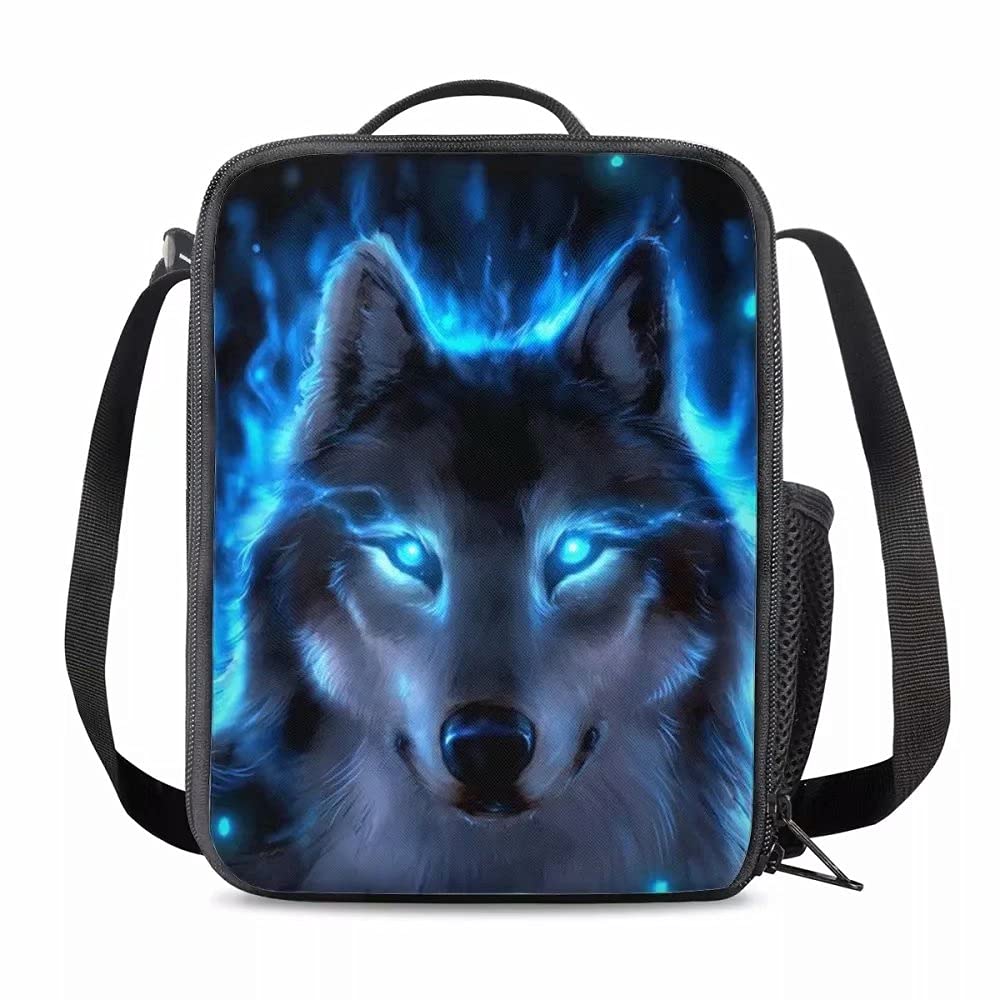 chaqlin Neon Blue Wolf Insulated Lunch Box,Lunch Bag for Kids,Reusable Sling Messenger Pouch,Reusable Adults Lunch Tote for Work Travel