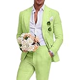 Aowdoy Men's Linen Suit 2 Piece Slim Fit Summer Beach Wedding Dress Tux Prom Suit Blazer Jacket and Pants