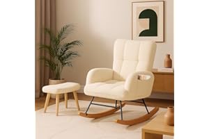COMHOMA Nursery Rocking Chair with Ottoman, Teddy Glider Rocking Chair, Accent Chair with High Backrest Reading Chair for Adult, Nursery, Bedroom, Living Room, Offices (Beige with Ottoman)
