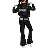 SHENHE Girl's Velour Tracksuit 2 Piece Outfits Rhinestone Zip Up Hoodie Flare Pants Set Sweatsuit