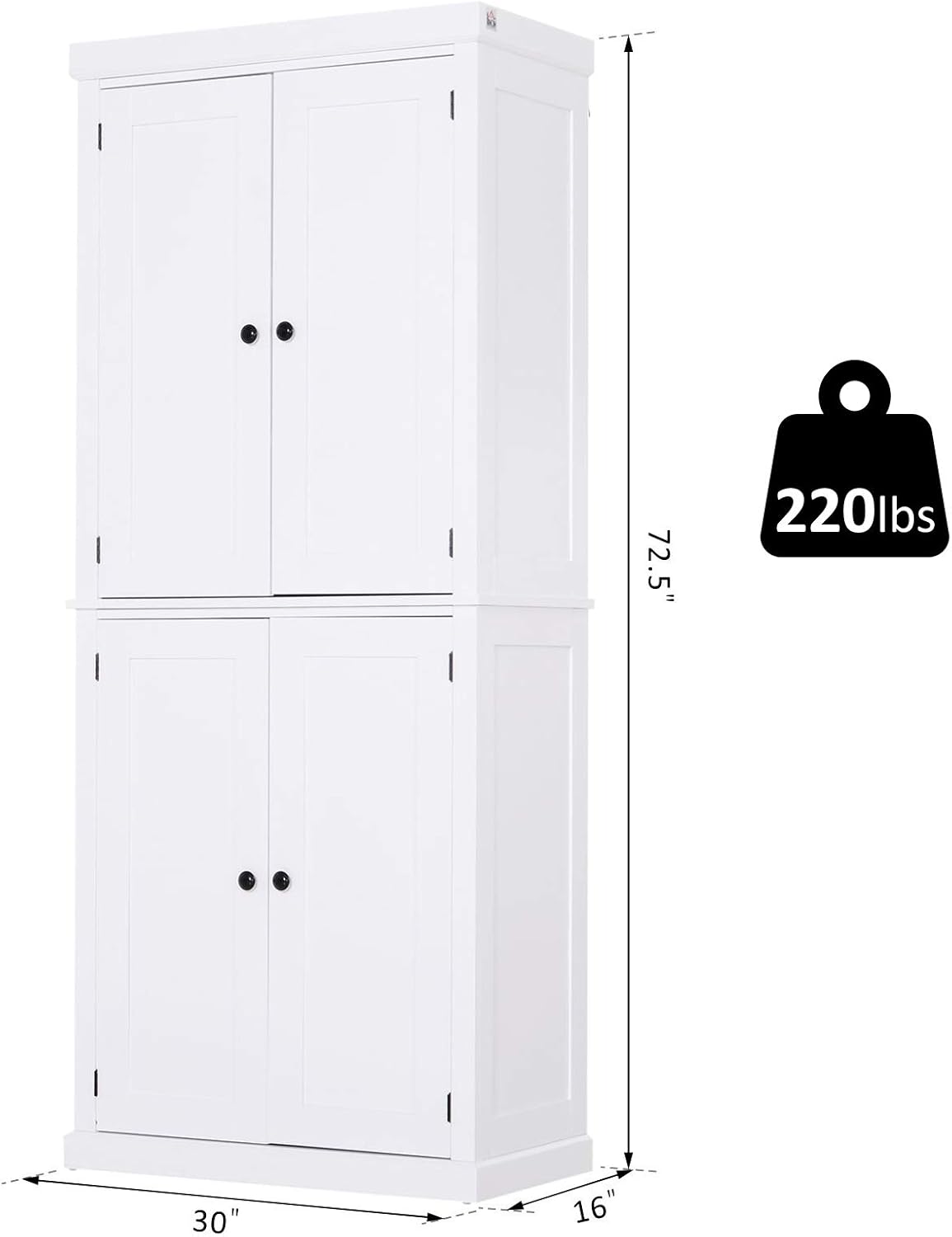 HOMCOM Traditional Farmhouse Freestanding Cupboard Kitchen Pantry with Two Storage Areas, Adjustable Shelving, White: Furniture & Decor