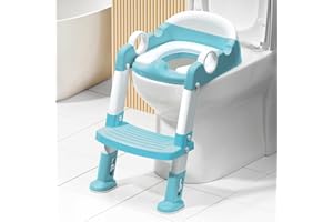 MANGOHOOD Potty Training Toilet Seat with Step Stool Ladder for Boys and Girls,Toddler Kid Children Toilet Training Seat Chair with Handles,Height Adjustable,Non-Slip Wide Step(Blue)