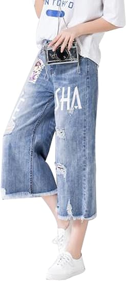 Amazon グードコ ダメージ ワイドパンツ デニム レディース ジーンズ 七分丈 ハロンパンツ 英字ロゴ ゆったり 切りっぱなし 復古 ジーンズ 通販