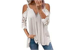 SHOPESSA Women's Off The Shoulder Tops Plus Size Zip Up Hollow Lace T Shirts 3/4 Sleeve Blouses for Women Fashion