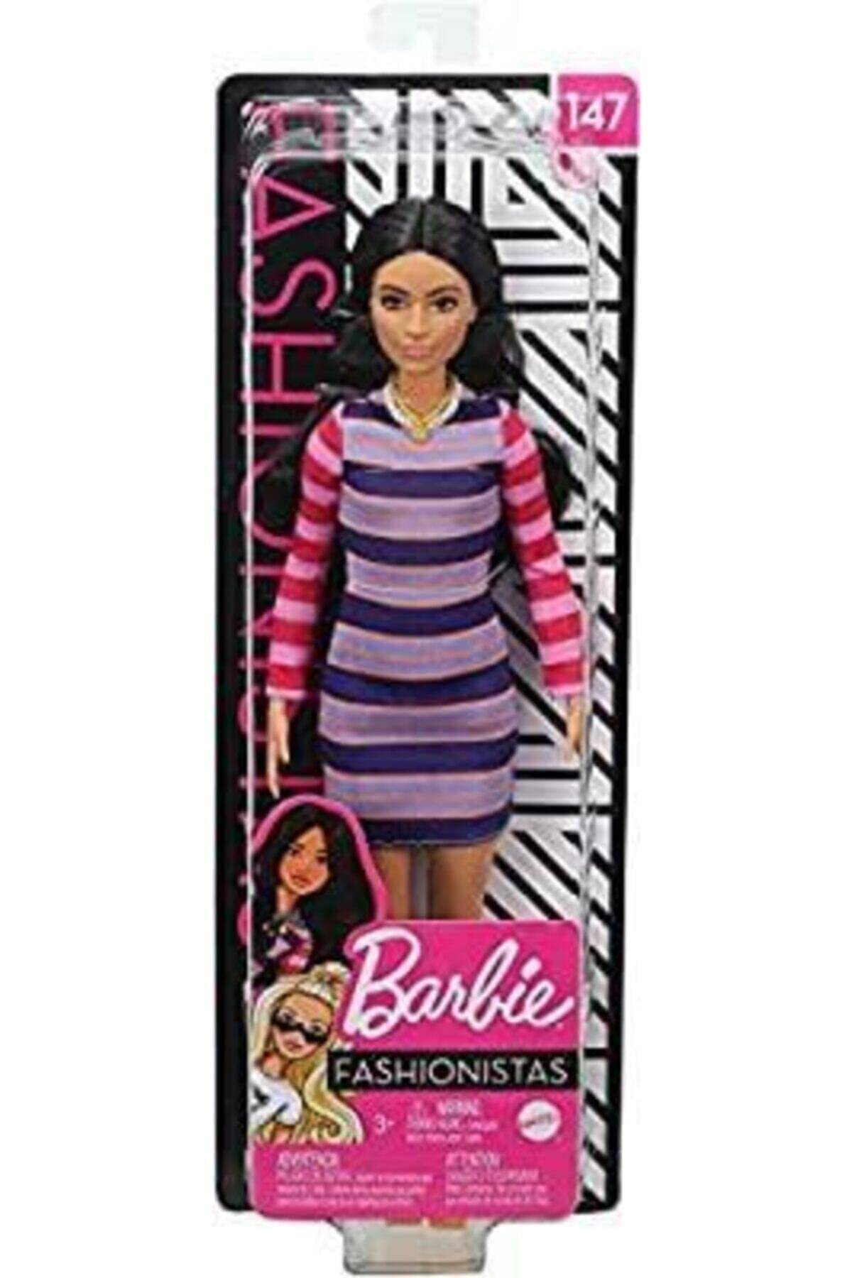 Barbie Fashionistas Doll #147 with Long Brunette Hair Wearing Striped Dress, Orange Shoes & Necklace, Toy for Kids 3 to 8 Years Old